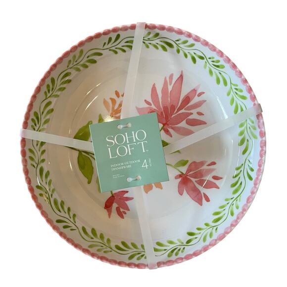 Soho Loft Floral Melamine Bowls 9in Round Pink & Green Set of 4 New - Picture 12 of 15
